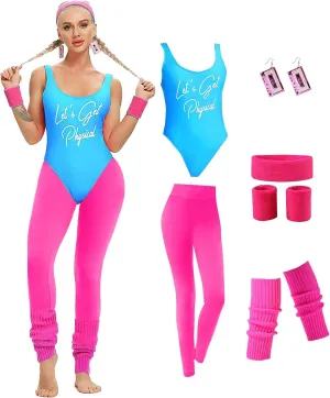 MIAIULIA Womens 80s Workout Costume Outfit 80s Accessories Set Leotard Neon Legging Headband Wristbands Set