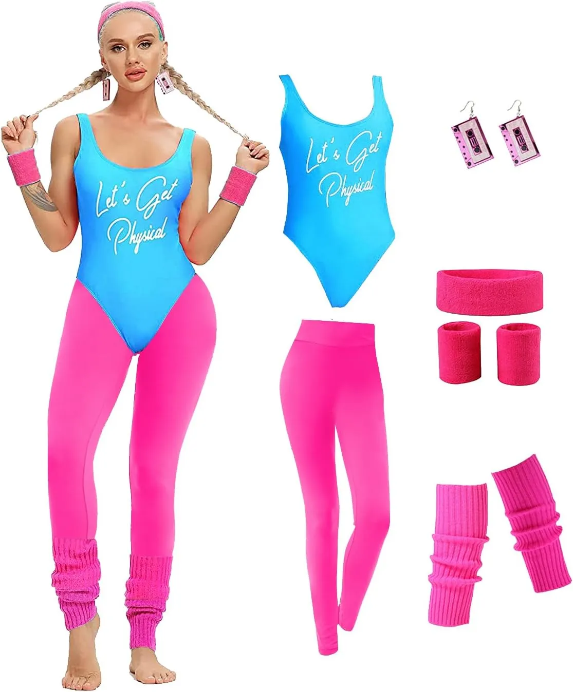 MIAIULIA Womens 80s Workout Costume Outfit 80s Accessories Set Leotard Neon Legging Headband Wristbands Set