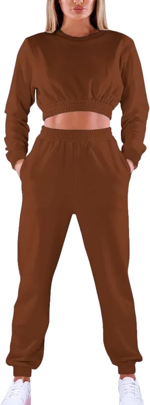 Mokoru Women's Workout 2 Piece Outfits Tracksuit Long Sleeve Crop Tops Joggers Pants Sets Sweatsuits