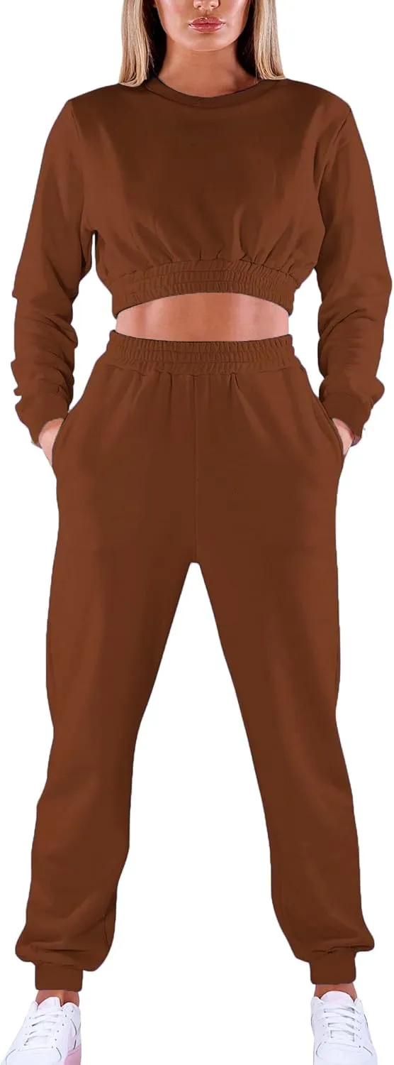 Mokoru Women's Workout 2 Piece Outfits Tracksuit Long Sleeve Crop Tops Joggers Pants Sets Sweatsuits