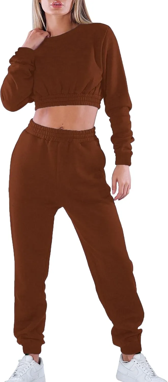 Mokoru Women's Workout 2 Piece Outfits Tracksuit Long Sleeve Crop Tops Joggers Pants Sets Sweatsuits