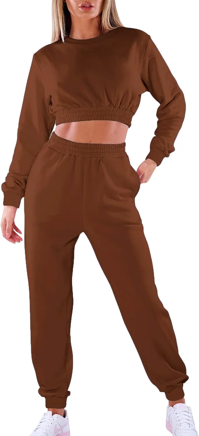 Mokoru Women's Workout 2 Piece Outfits Tracksuit Long Sleeve Crop Tops Joggers Pants Sets Sweatsuits