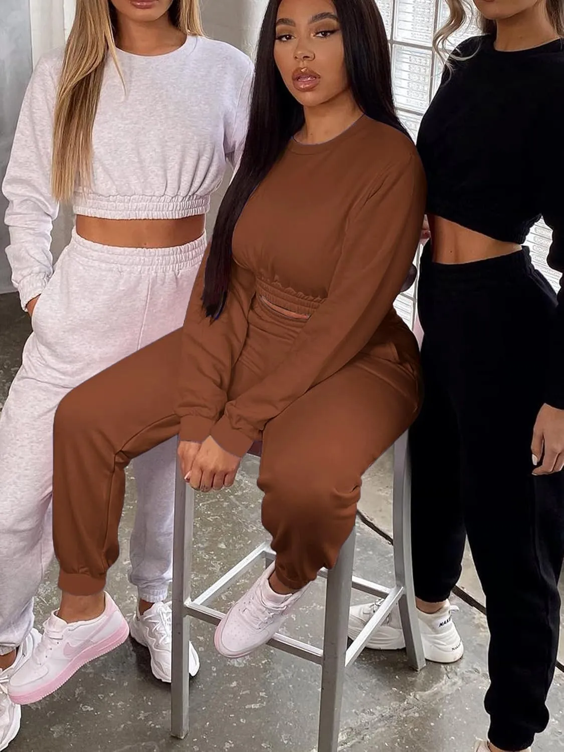 Mokoru Women's Workout 2 Piece Outfits Tracksuit Long Sleeve Crop Tops Joggers Pants Sets Sweatsuits