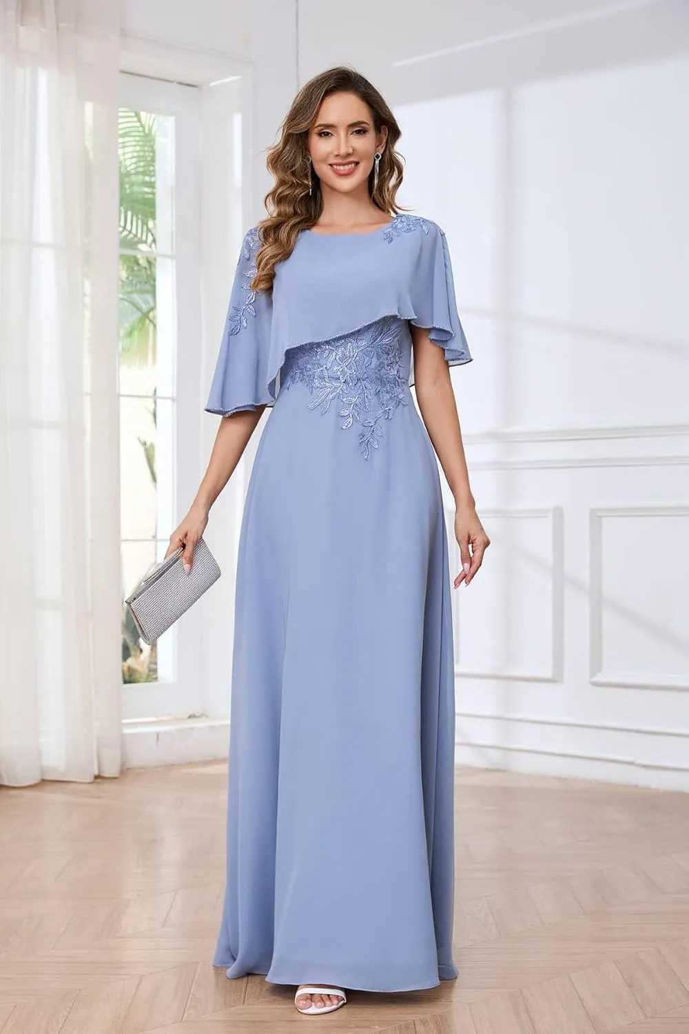 Mother of The Bride Dresses for Wedding with Cape Sleeves Lace Appliques Formal Mother of The Groom Dress