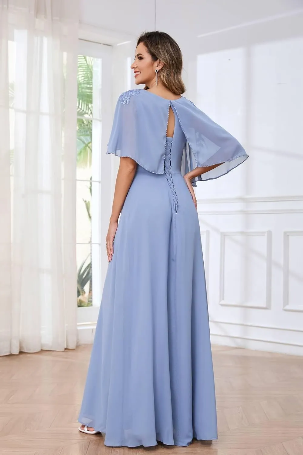 Mother of The Bride Dresses for Wedding with Cape Sleeves Lace Appliques Formal Mother of The Groom Dress
