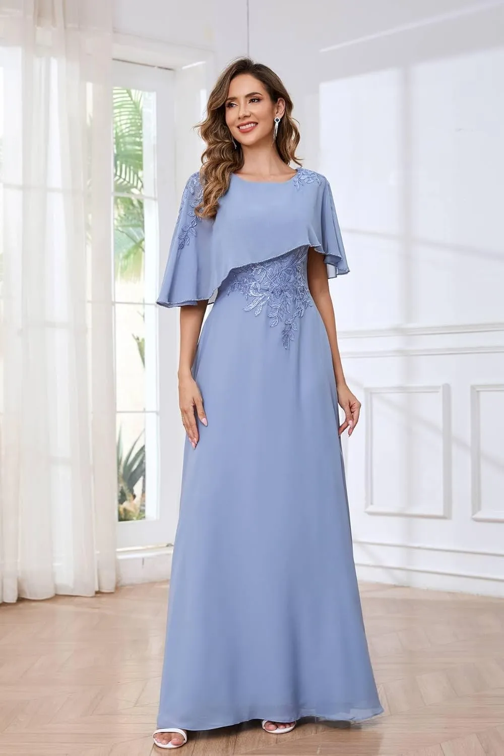 Mother of The Bride Dresses for Wedding with Cape Sleeves Lace Appliques Formal Mother of The Groom Dress