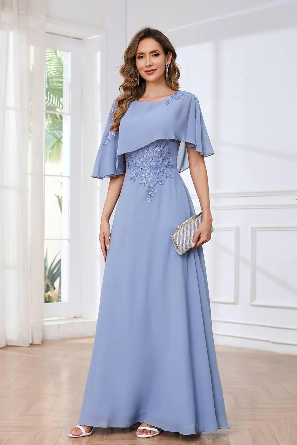 Mother of The Bride Dresses for Wedding with Cape Sleeves Lace Appliques Formal Mother of The Groom Dress