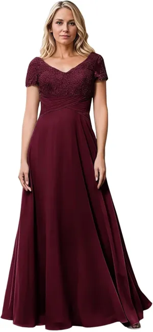 Mother of The Bride Dresses Ruched Lace Chiffon Prom Dresses Short Sleeves V-Neck Formal Evening Gowns Long