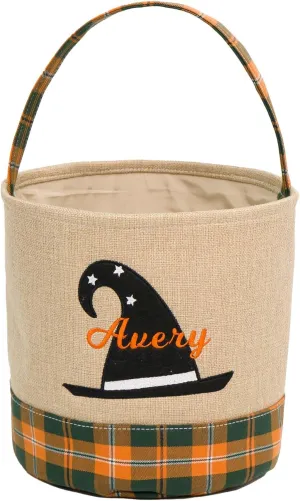 MT WORLD Kids Trick or Treat Bucket Reusable Canvas Tote Bag Personalized Candy Bucket Witch Hat Basket for Halloween Party Favor Supplies Gifts (Witch Hat)