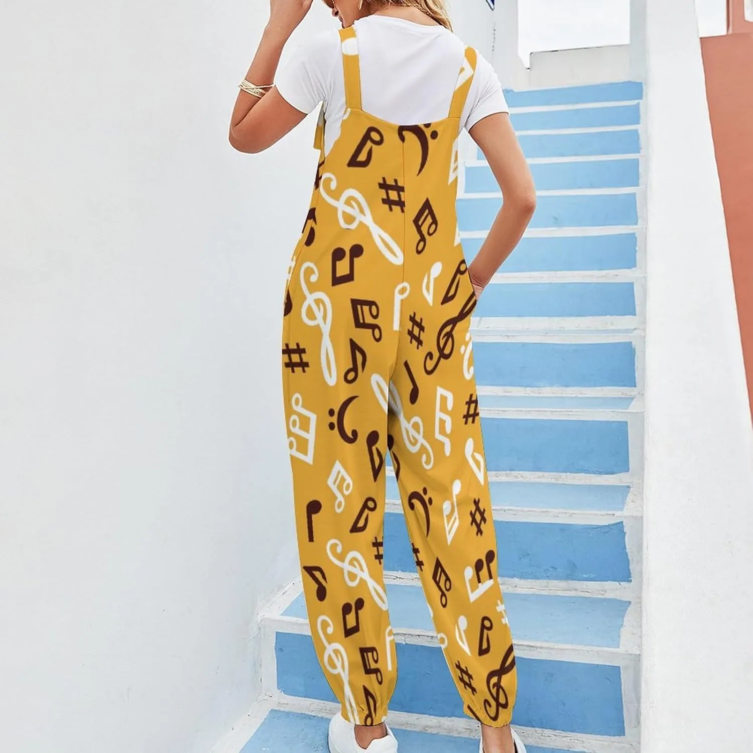 Music Notes Women's Jumpsuit Sleeveless Casual Baggy Suspender Romper Harem Pants