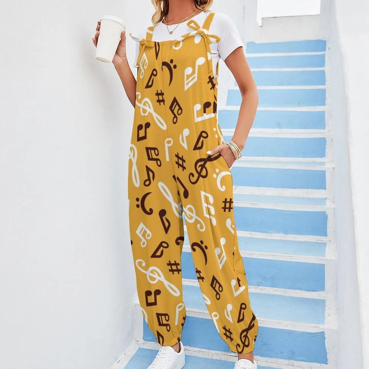 Music Notes Women's Jumpsuit Sleeveless Casual Baggy Suspender Romper Harem Pants