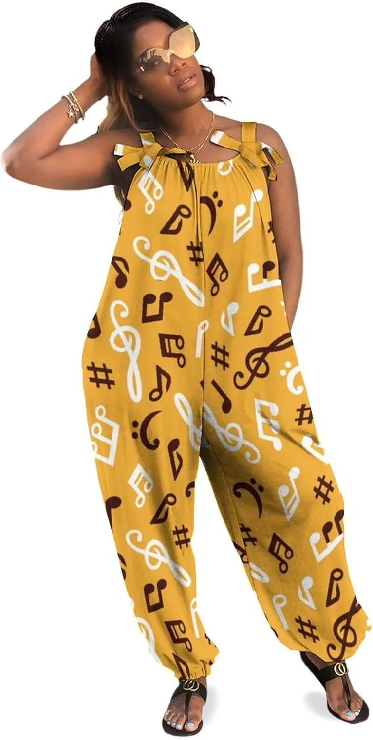 Music Notes Women's Jumpsuit Sleeveless Casual Baggy Suspender Romper Harem Pants