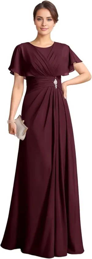 MYDRESS Chiffon Flutter Sleeve Mother of The Bride Dresses for Wedding Long Ruched Crew Neck Evening Dresses