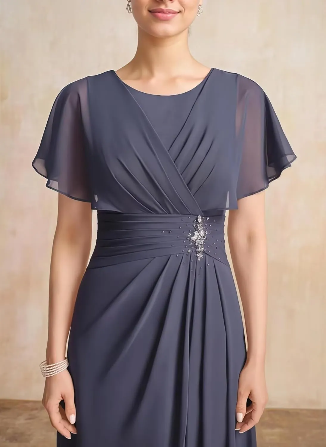 MYDRESS Chiffon Flutter Sleeve Mother of The Bride Dresses for Wedding Long Ruched Crew Neck Evening Dresses