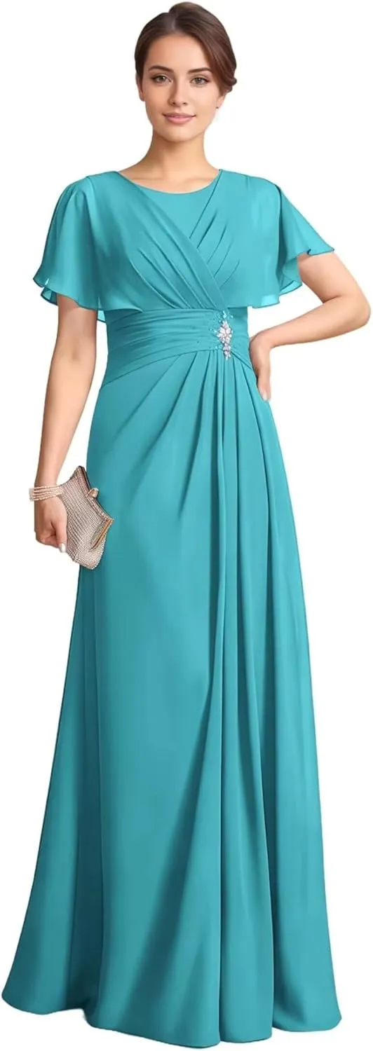 MYDRESS Chiffon Flutter Sleeve Mother of The Bride Dresses for Wedding Long Ruched Crew Neck Evening Dresses