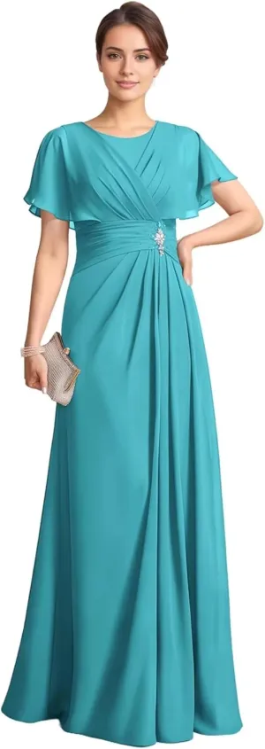 MYDRESS Chiffon Flutter Sleeve Mother of The Bride Dresses for Wedding Long Ruched Crew Neck Evening Dresses