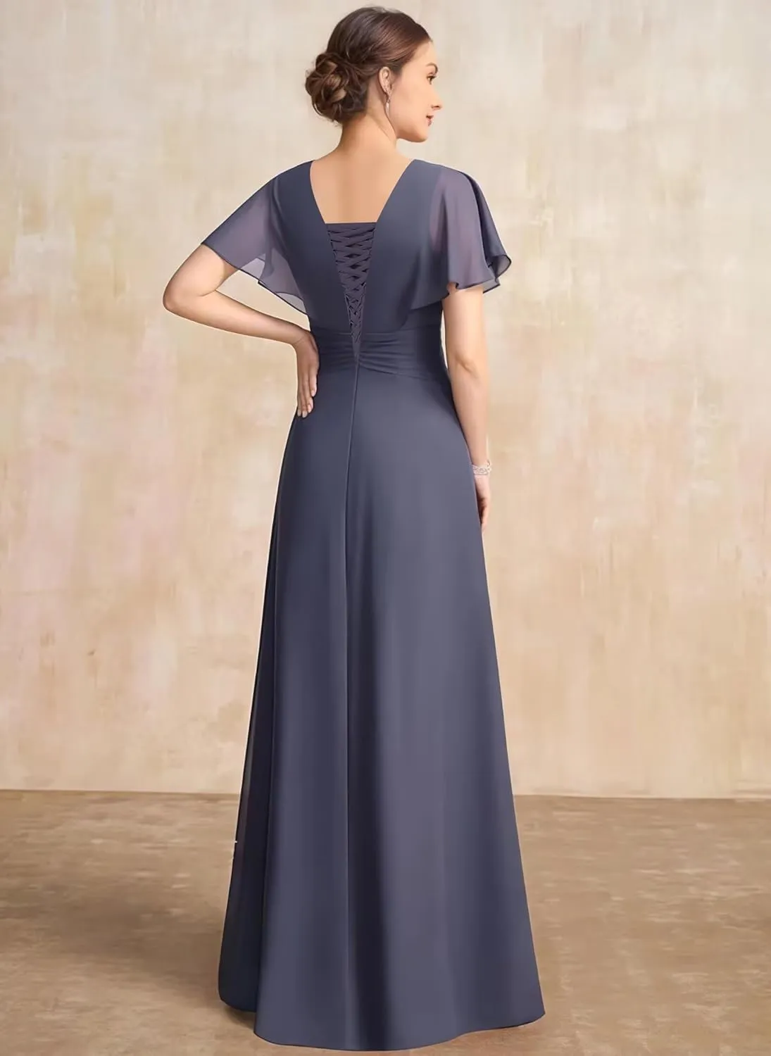 MYDRESS Chiffon Flutter Sleeve Mother of The Bride Dresses for Wedding Long Ruched Crew Neck Evening Dresses