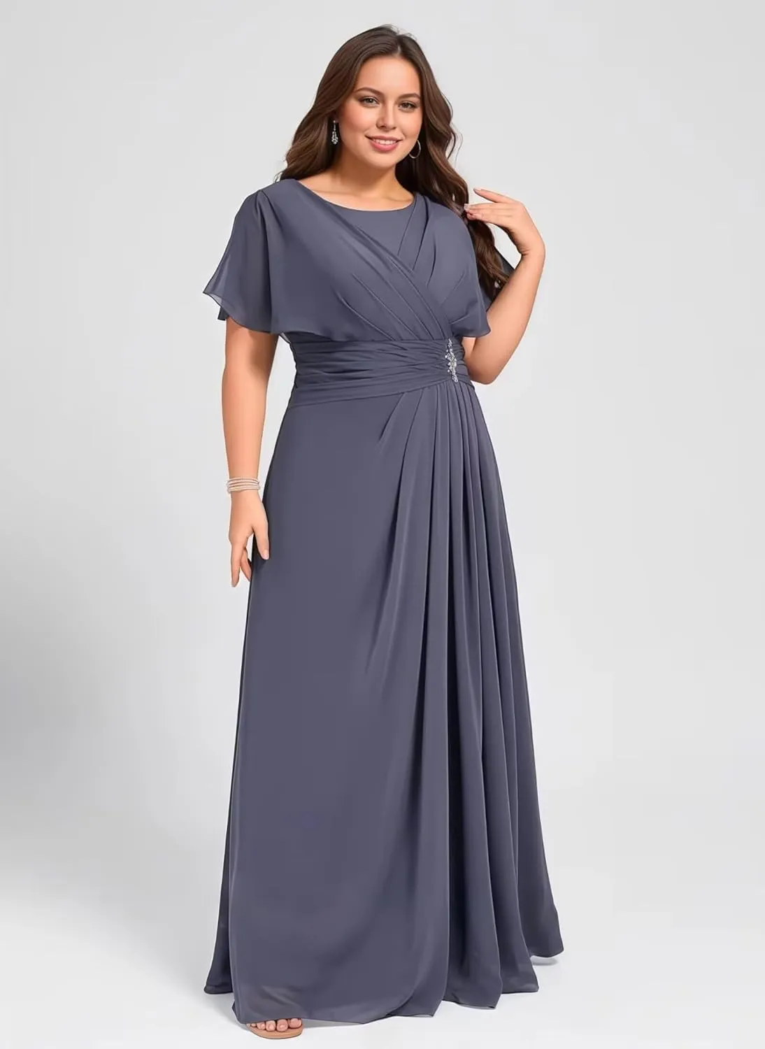 MYDRESS Chiffon Flutter Sleeve Mother of The Bride Dresses for Wedding Long Ruched Crew Neck Evening Dresses
