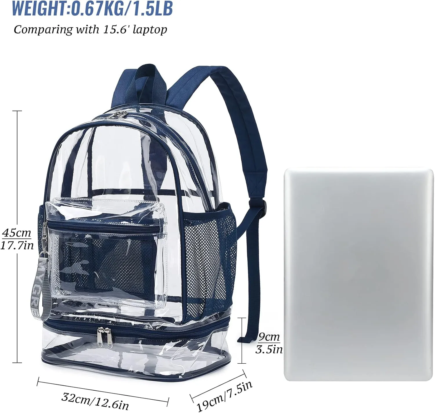 mygreen Clear Backpack with Bottom Compartment for Lunch Box or Shoes, 2-in-1 Design for School, Sports, Work, Stadium, Security, Travel, College Dark Blue