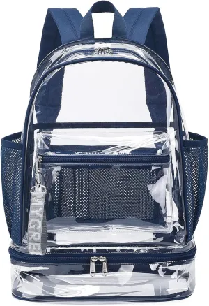 mygreen Clear Backpack with Bottom Compartment for Lunch Box or Shoes, 2-in-1 Design for School, Sports, Work, Stadium, Security, Travel, College Dark Blue