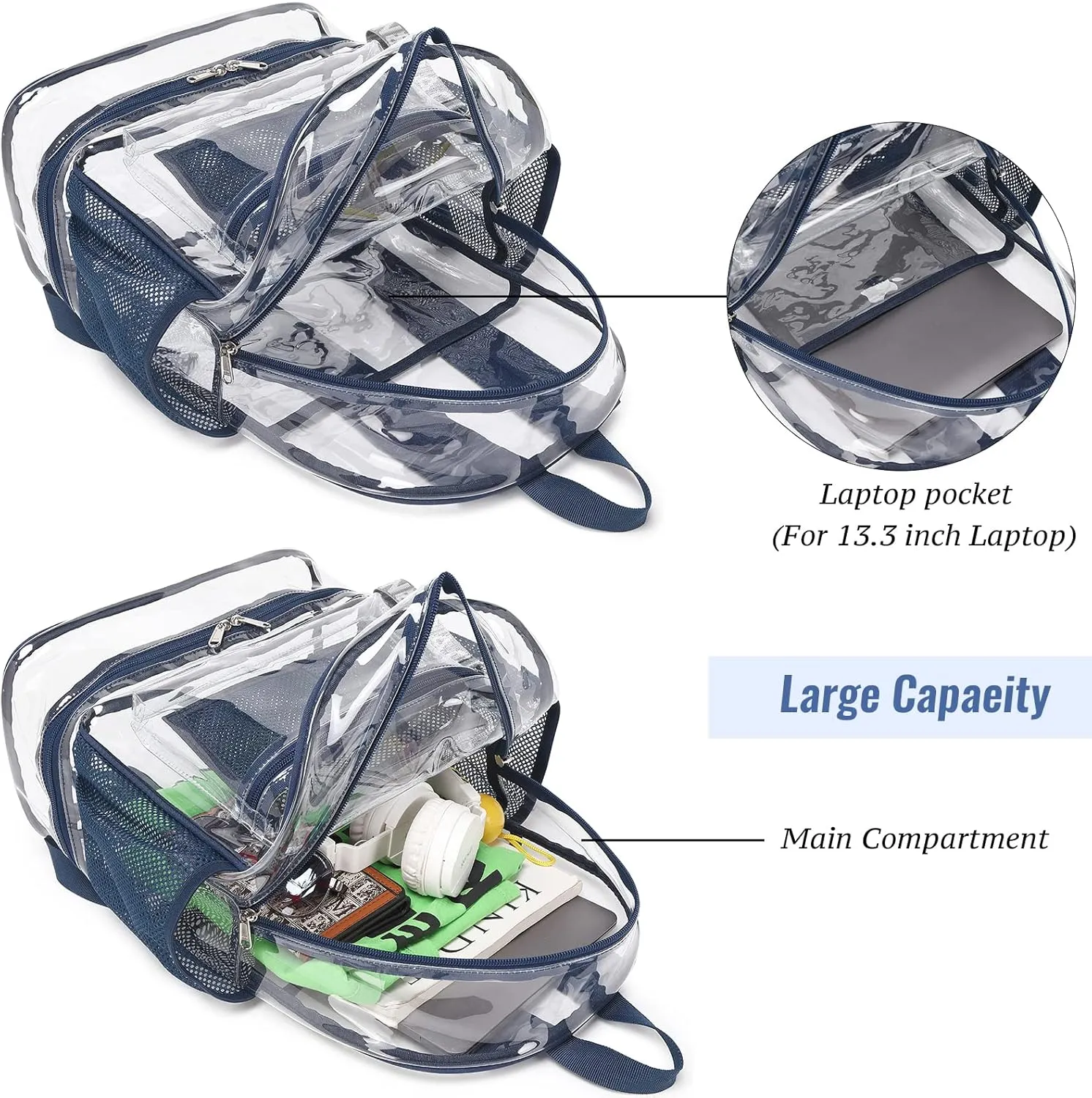 mygreen Clear Backpack with Bottom Compartment for Lunch Box or Shoes, 2-in-1 Design for School, Sports, Work, Stadium, Security, Travel, College Dark Blue