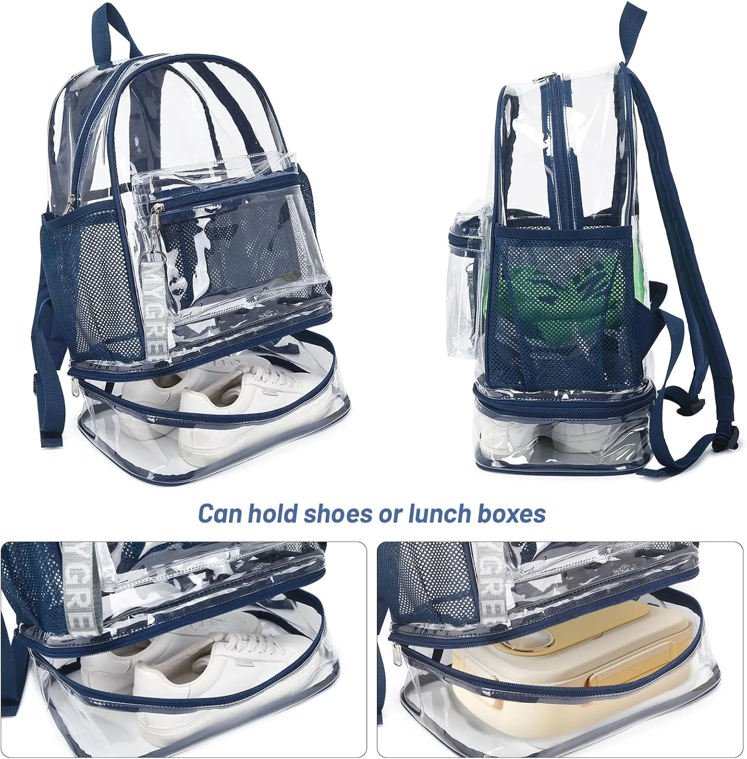 mygreen Clear Backpack with Bottom Compartment for Lunch Box or Shoes, 2-in-1 Design for School, Sports, Work, Stadium, Security, Travel, College Dark Blue