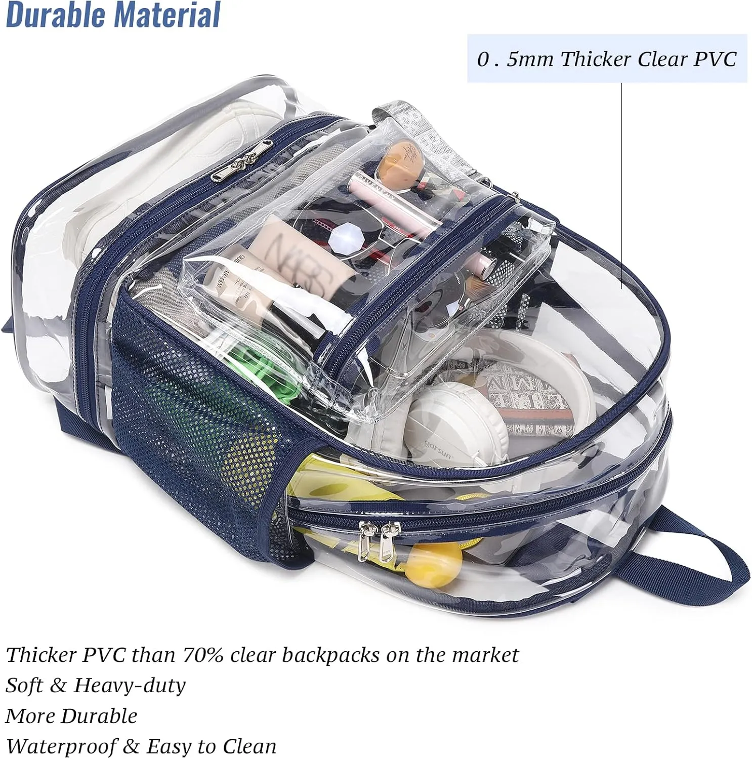 mygreen Clear Backpack with Bottom Compartment for Lunch Box or Shoes, 2-in-1 Design for School, Sports, Work, Stadium, Security, Travel, College Dark Blue