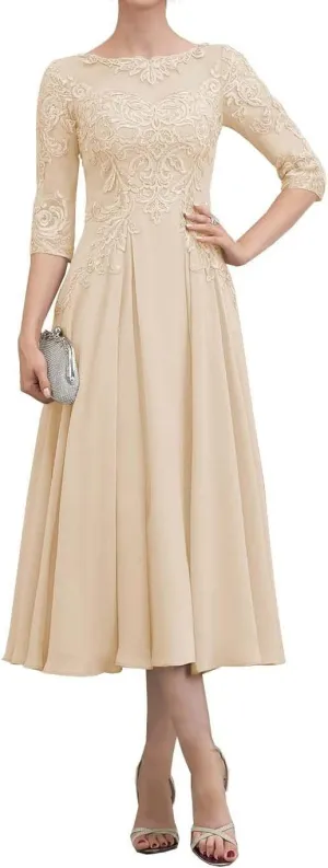 NABN Mother of The Bride Dress with 1/2 Sleeves Chiffon Formal Evening Gown Lace Wedding Guest Dress for Women