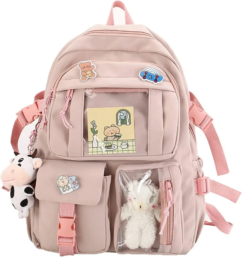 New Aesthetic Backpack Kawaii Backpack with Badge Pins Keychain Pendant Light Weight Travel Backpack