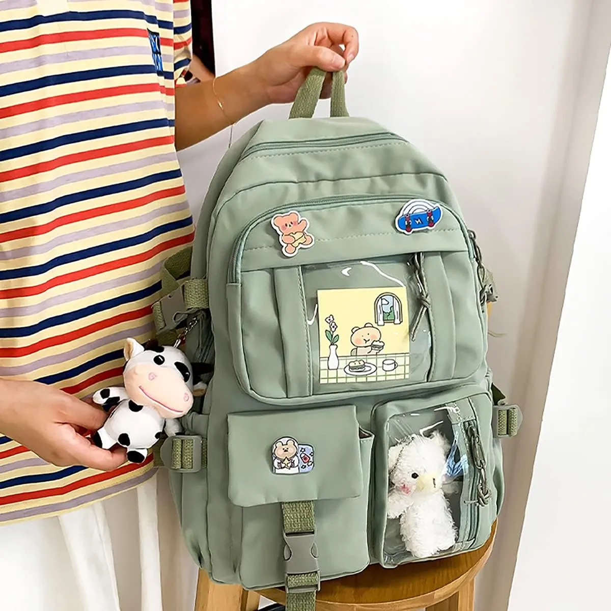 New Aesthetic Backpack Kawaii Backpack with Badge Pins Keychain Pendant Light Weight Travel Backpack