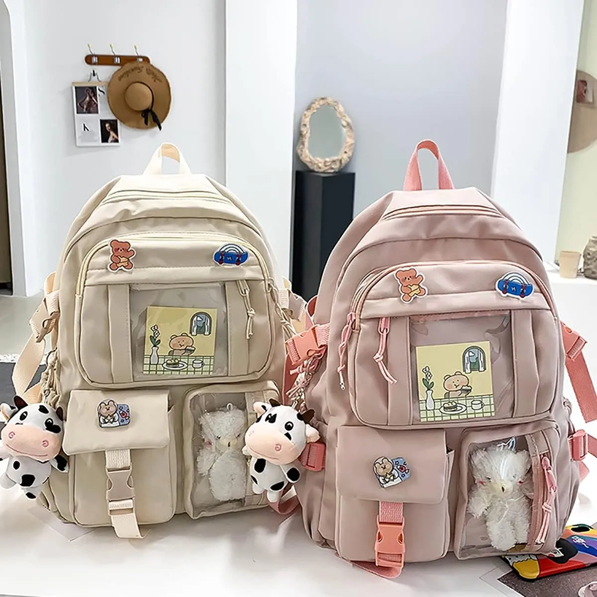 New Aesthetic Backpack Kawaii Backpack with Badge Pins Keychain Pendant Light Weight Travel Backpack