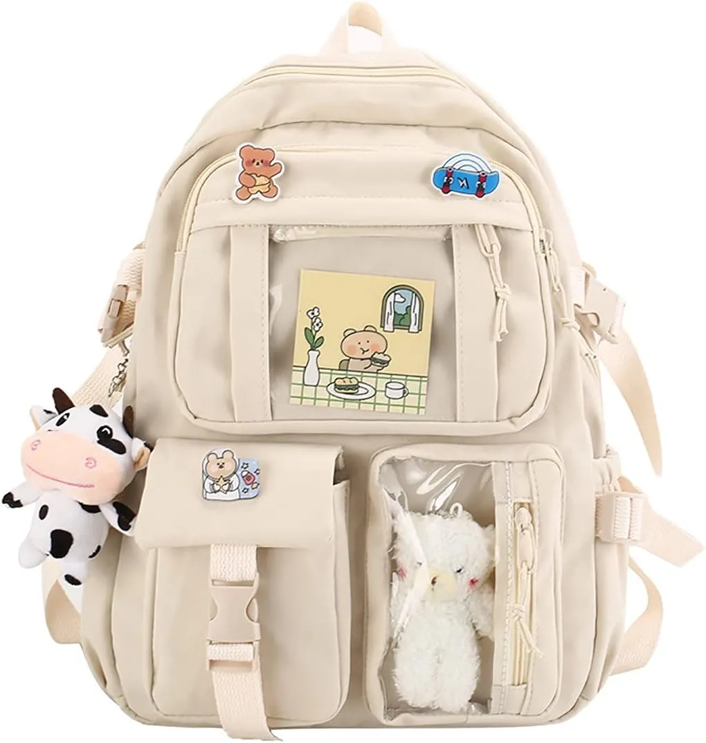 New Aesthetic Backpack Kawaii Backpack with Badge Pins Keychain Pendant Light Weight Travel Backpack