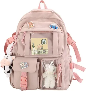New Aesthetic Backpack Kawaii Backpack with Badge Pins Keychain Pendant Light Weight Travel Backpack