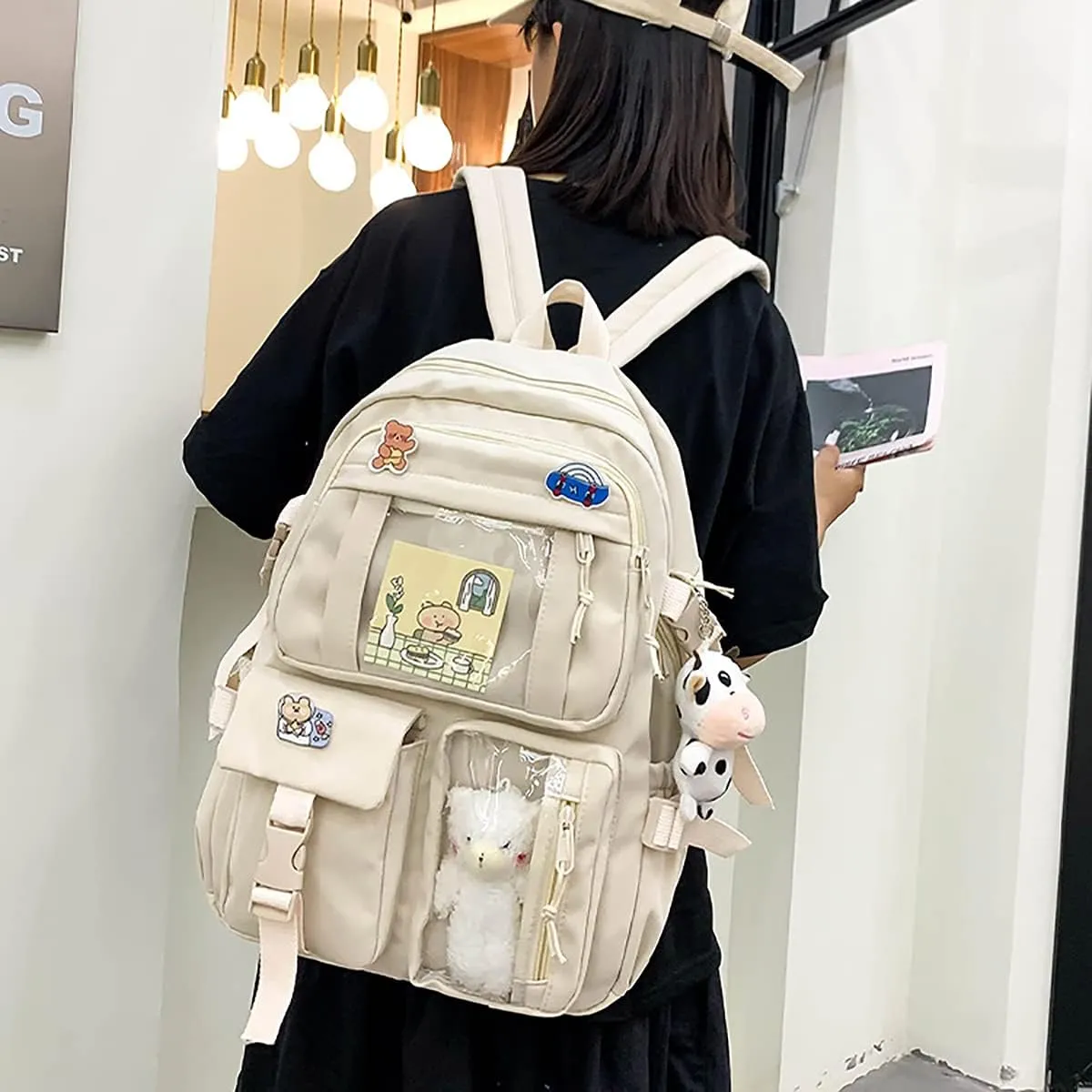 New Aesthetic Backpack Kawaii Backpack with Badge Pins Keychain Pendant Light Weight Travel Backpack