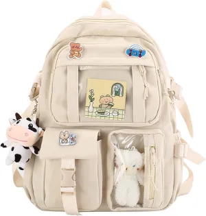 New Aesthetic Backpack Kawaii Backpack with Badge Pins Keychain Pendant Light Weight Travel Backpack