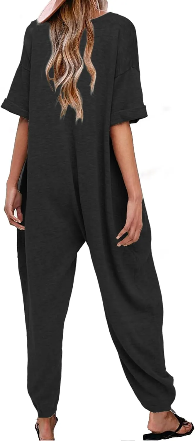 Nirovien Women's Solid Color V Neck Jumpsuits Casual Half Sleeve Long Rompers Beam Foot Baggy Overalls