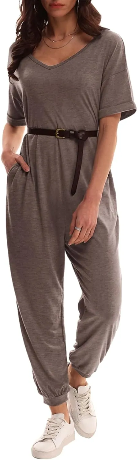 Nirovien Women's Solid Color V Neck Jumpsuits Casual Half Sleeve Long Rompers Beam Foot Baggy Overalls