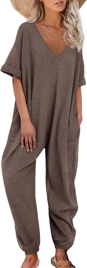Nirovien Women's Solid Color V Neck Jumpsuits Casual Half Sleeve Long Rompers Beam Foot Baggy Overalls