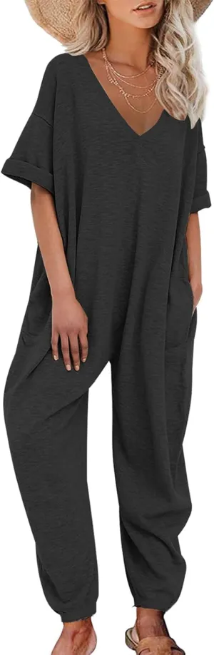 Nirovien Women's Solid Color V Neck Jumpsuits Casual Half Sleeve Long Rompers Beam Foot Baggy Overalls