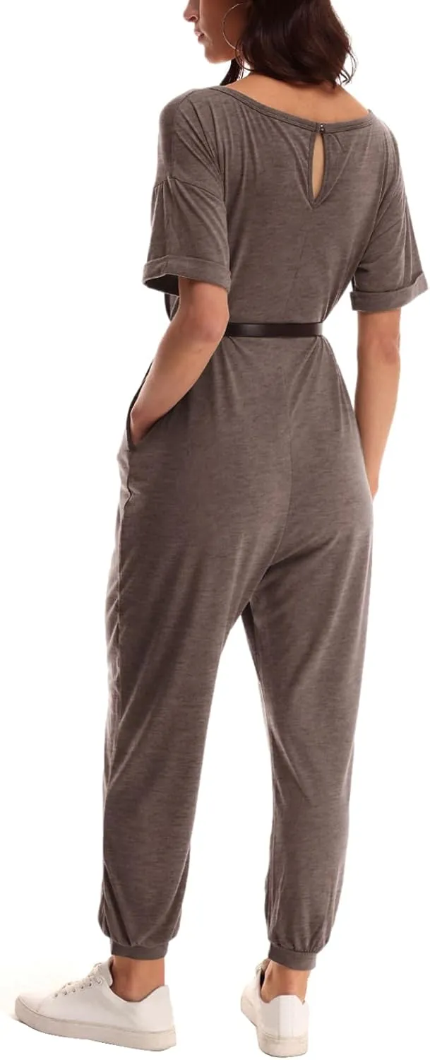 Nirovien Women's Solid Color V Neck Jumpsuits Casual Half Sleeve Long Rompers Beam Foot Baggy Overalls