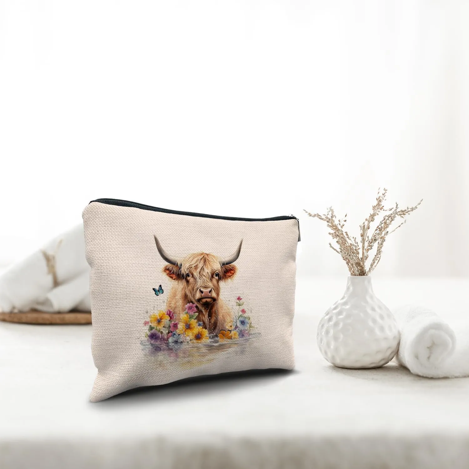 Nogrit Floral Highland Cow Makeup Bag - Cute Cow Gifts for Women, Small Cosmetic Bag