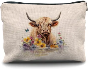 Nogrit Floral Highland Cow Makeup Bag - Cute Cow Gifts for Women, Small Cosmetic Bag