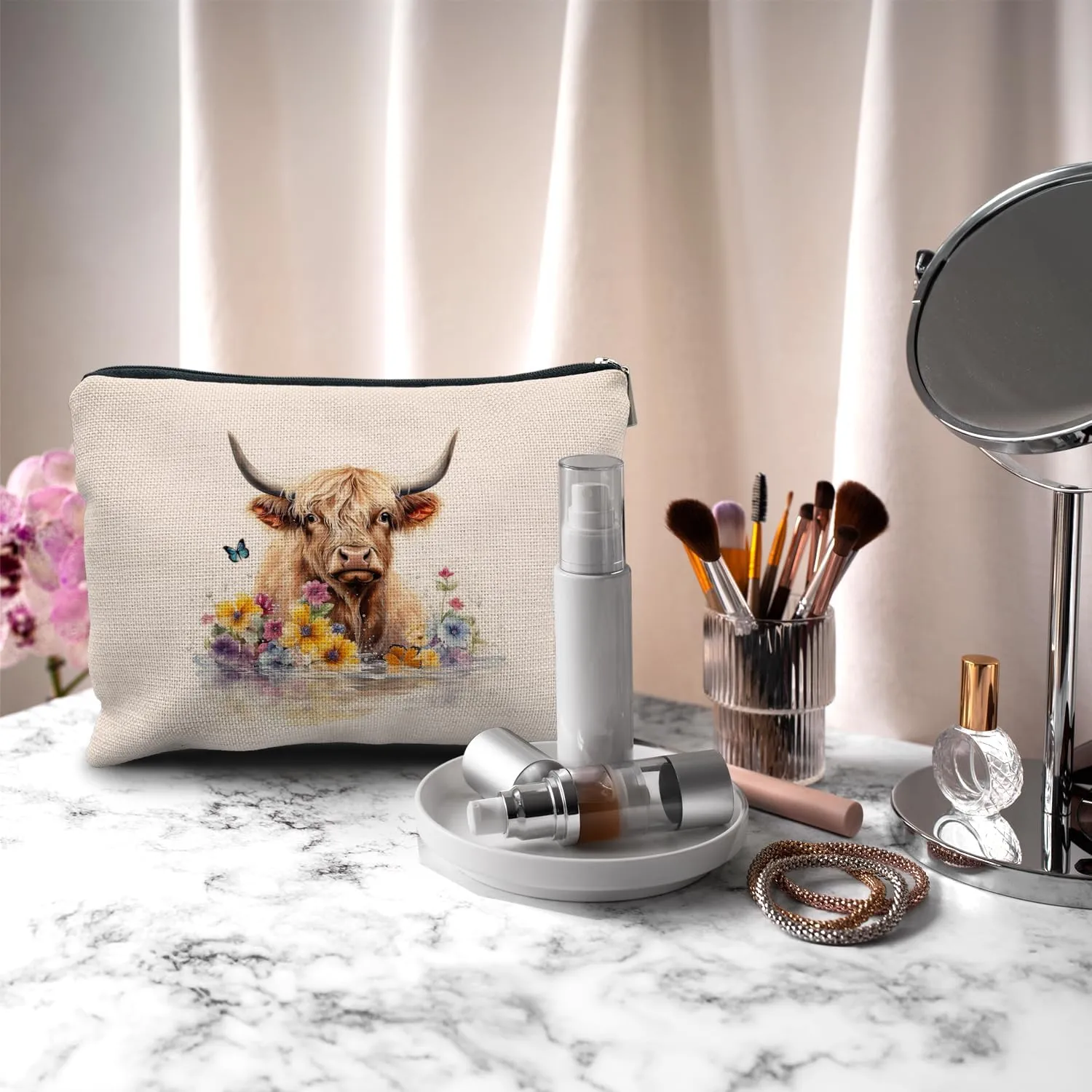 Nogrit Floral Highland Cow Makeup Bag - Cute Cow Gifts for Women, Small Cosmetic Bag
