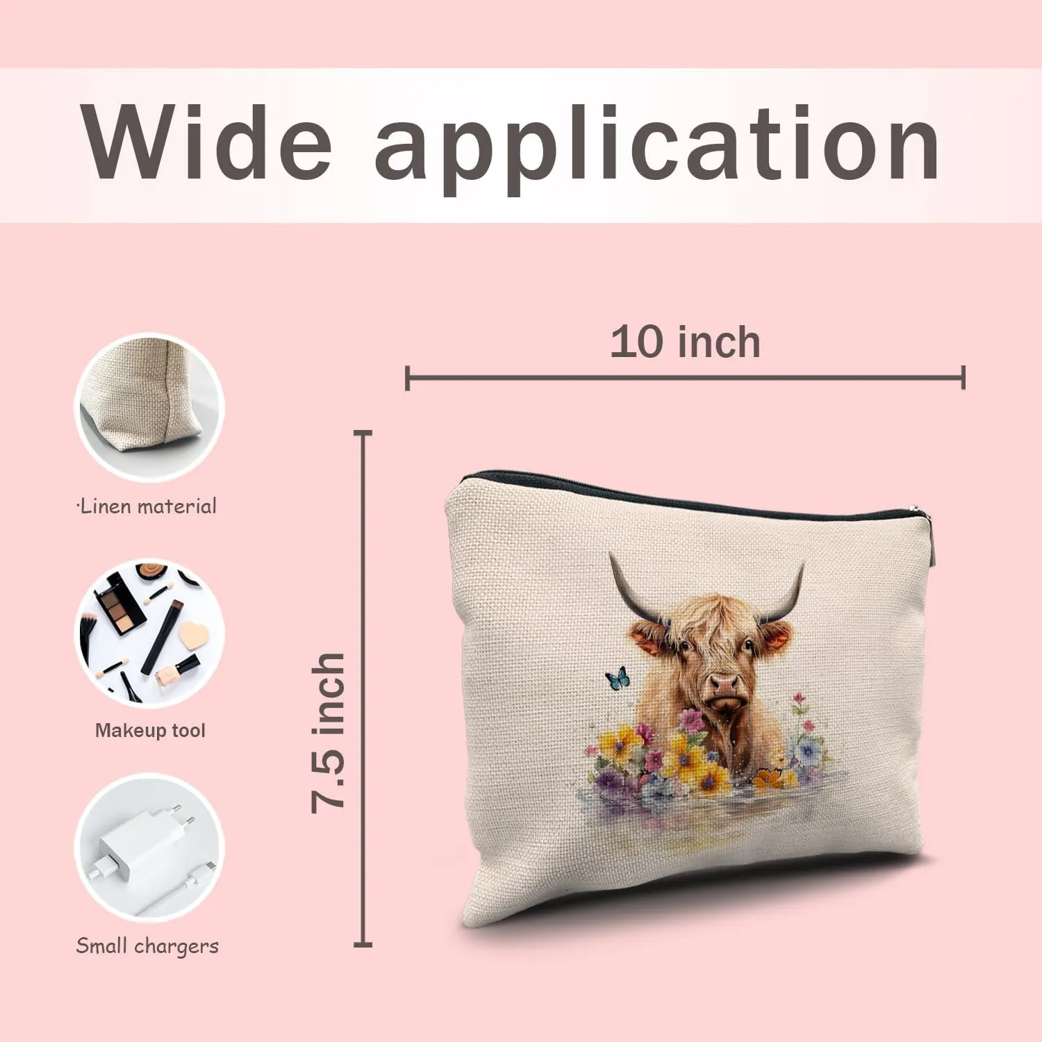 Nogrit Floral Highland Cow Makeup Bag - Cute Cow Gifts for Women, Small Cosmetic Bag