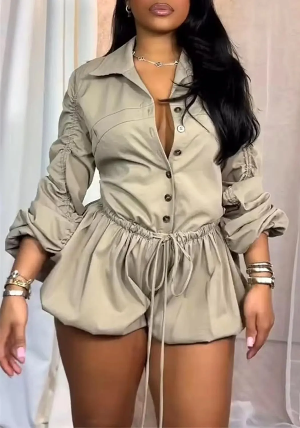 NRTHYE Women Summer Ruched Drawstring Rompers Casual Bodycon One Piece short Jumpsuits Overalls Cargo Shorts Outfits