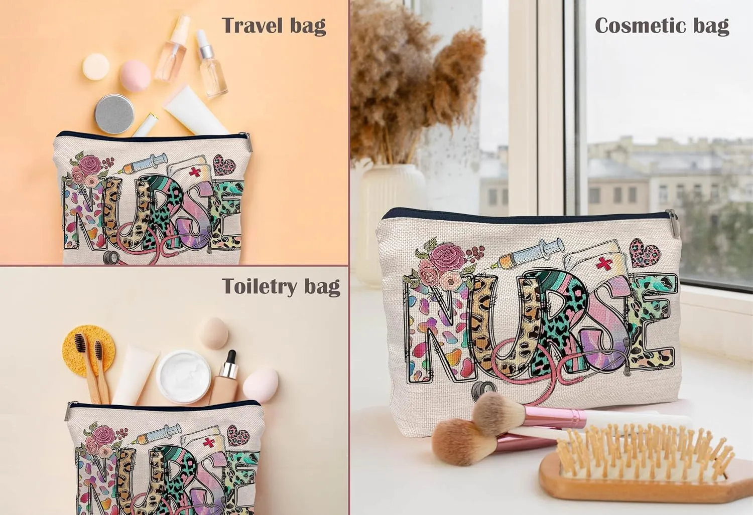 Nurse Leopard Floral Nursing Makeup Bag Make up Cosmetic Bag Small Zipper Pouch,Nurse Appreciation Gift,Nurses Week Gift,Nursing Gift,Nurse Graduate Gifts