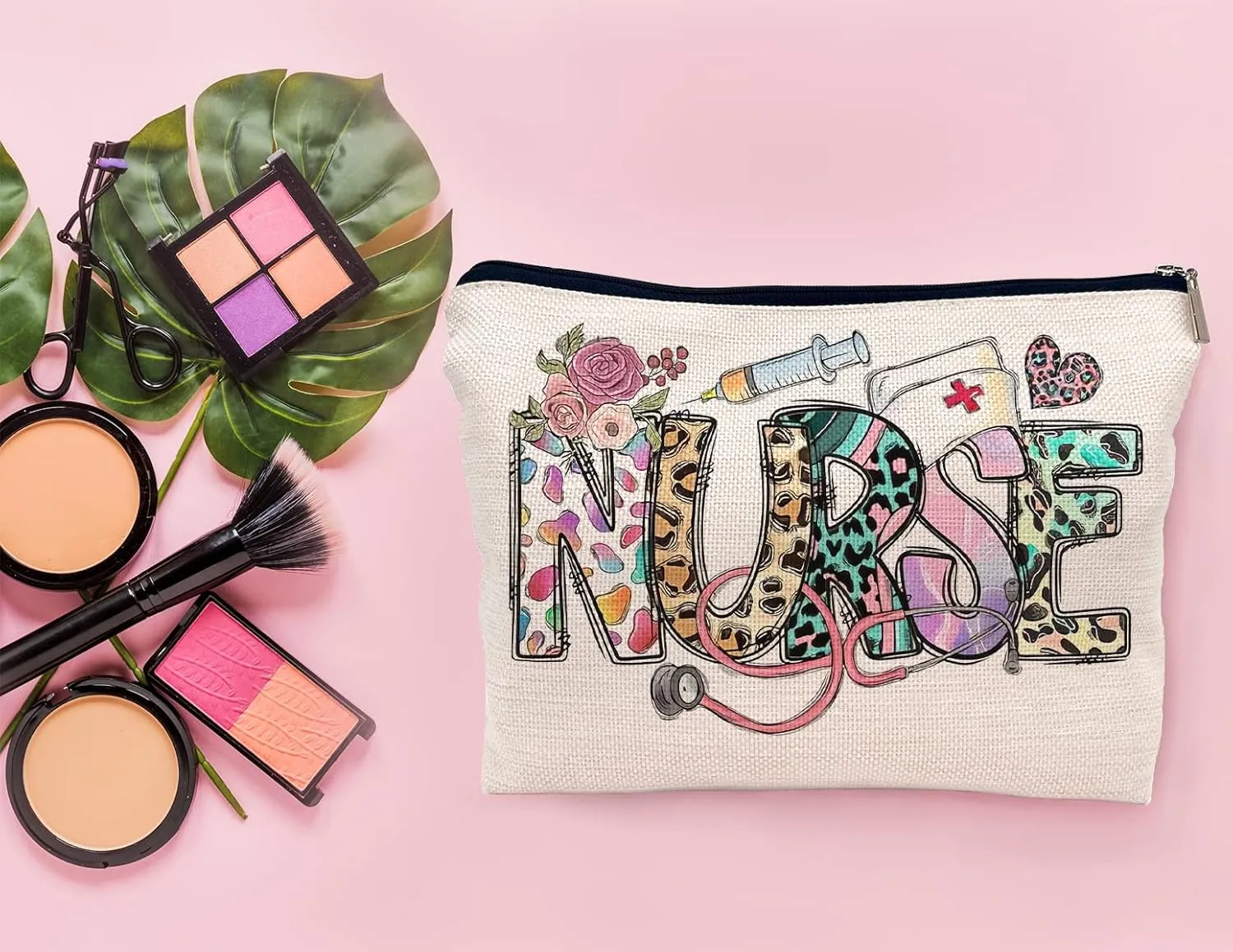 Nurse Leopard Floral Nursing Makeup Bag Make up Cosmetic Bag Small Zipper Pouch,Nurse Appreciation Gift,Nurses Week Gift,Nursing Gift,Nurse Graduate Gifts