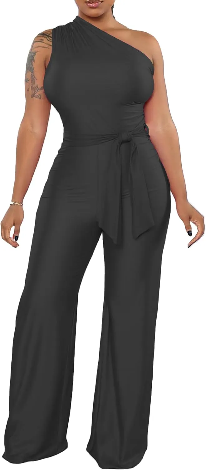 One Piece Jumpsuits for Women Casual Wide Leg Pants Set Holiday Outfits Sexy Romper Clubwear with Belt