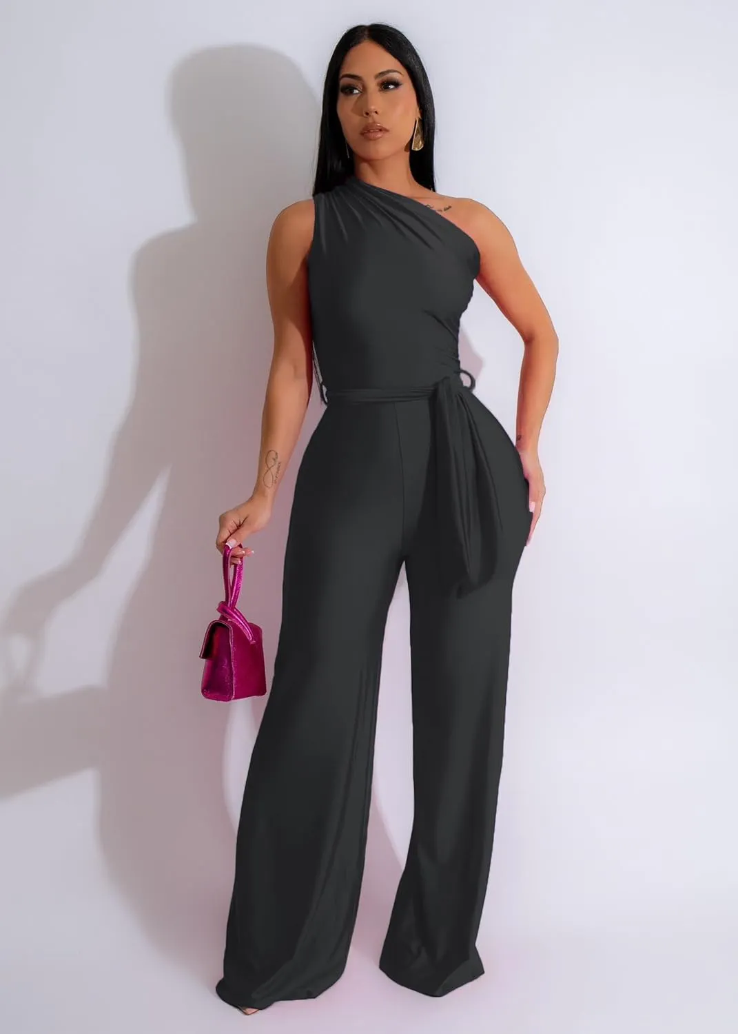 One Piece Jumpsuits for Women Casual Wide Leg Pants Set Holiday Outfits Sexy Romper Clubwear with Belt