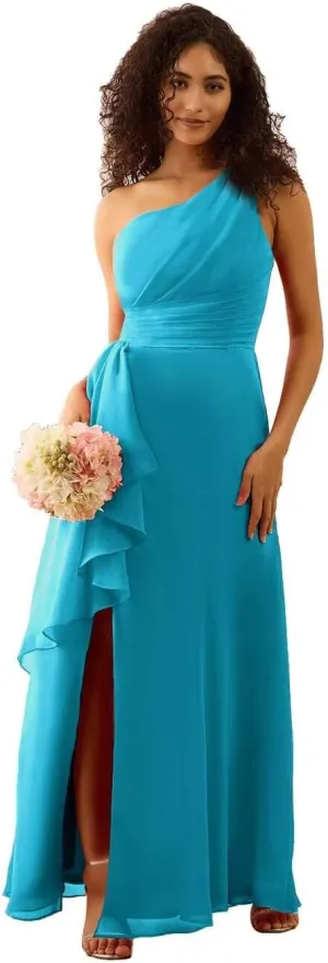 One Shoulder Chiffon Bridesmaid Dresses Sleeveless A Line Pleated Maid of Honor Dresses with Split
